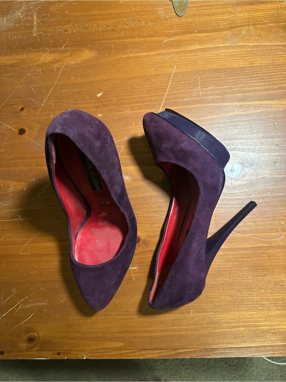 Charles Jourdan Purple Suede Platform Pumps with Red Insole